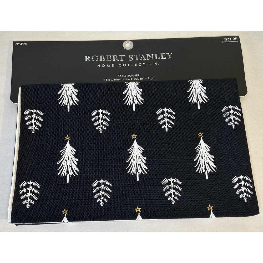 Robert Stanley Christmas Tree Table Runner Black White Gold 16x80 HL9197387 NEW